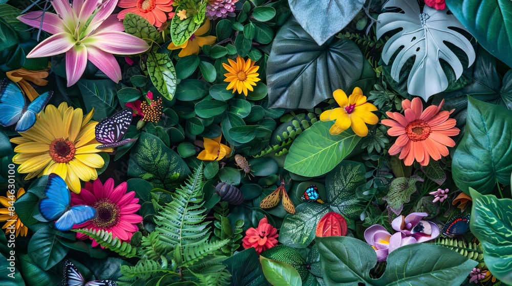 Naklejka premium Beautiful floral background, panorama. Leaves, colorful flowers, caterpillars, butterflies