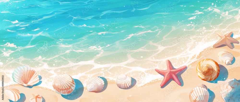 Fototapeta premium Beach summer panoramic background with seashells and starfish