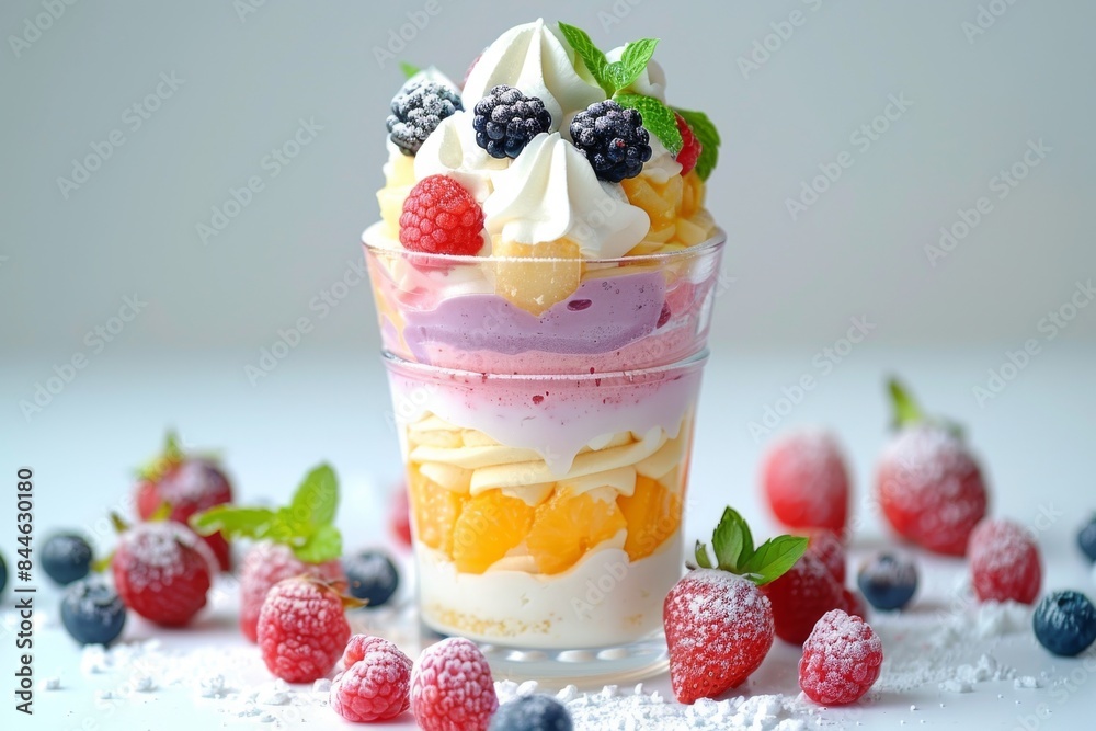Strawberry and blueberry parfait with whipped cream and granola, served in a glass, food photography, vibrant and delicious dessert option Strawberry and blueberry parfait with whipped cream and granola, served in a glass, food photography, vibrant and delicious dessert option