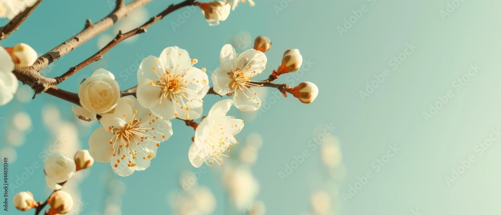 Beautiful floral spring abstract background of nature. Branches of blossoming apricot macro with soft focus on gentle light blue sky background