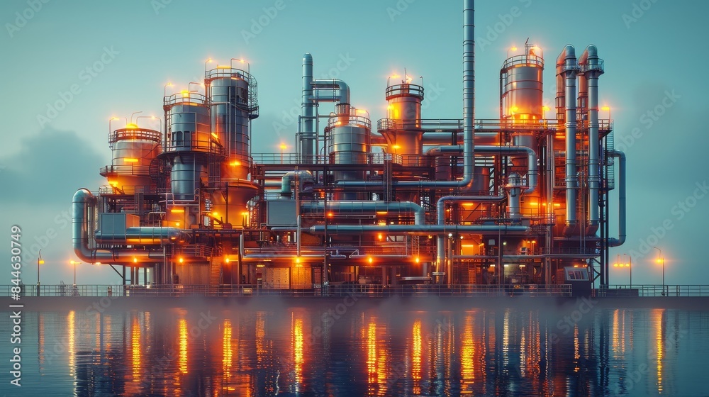 The image depicts a modern industrial oil refinery lit up at dusk with intricate piping and storage tanks, reflected beautifully in the calm water below The image depicts a modern industrial oil refinery lit up at dusk with intricate piping and storage tanks, reflected beautifully in the calm water below