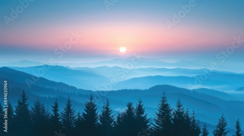 Sunset surrounded by misty mountains Calm blue landscape featuring pine tree silhouettes