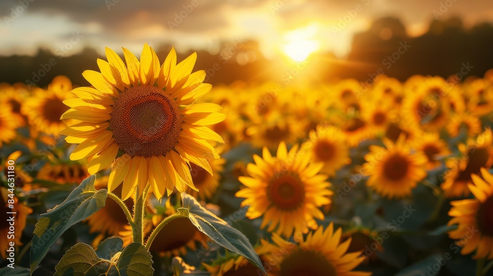 Fototapeta premium A vibrant sunflower field basks in the warm glow of the setting sun, creating a tranquil and hopeful scene in nature