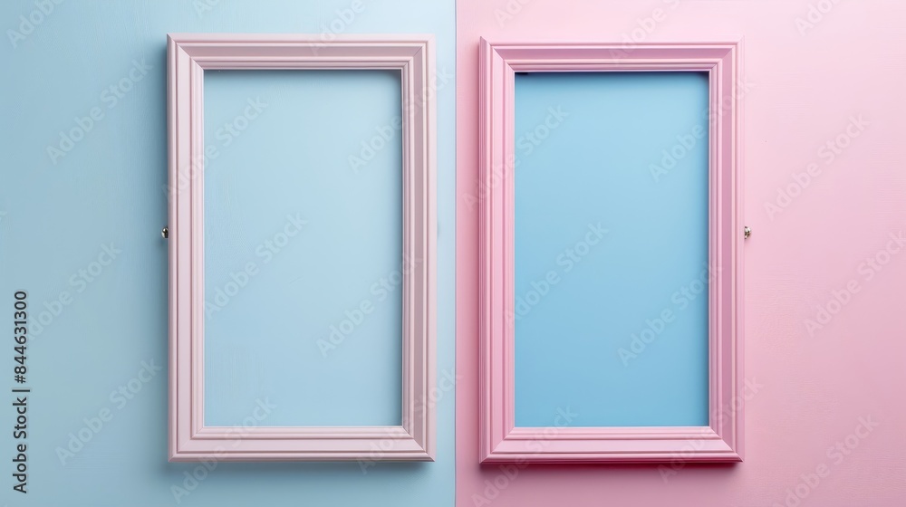 Two framed pictures side by side, one pink and one blue Two framed pictures side by side, one pink and one blue