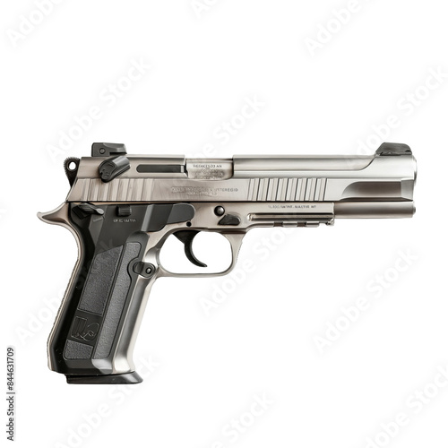 Desert Eagle pistol isolated on transparent png background. A silver handgun with a black grip