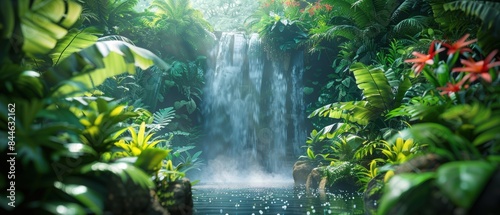 Fototapeta Naklejka Na Ścianę i Meble -  A lush tropical jungle with exotic plants and a hidden waterfall in the background.