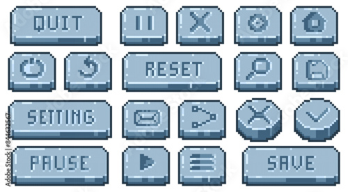 Stone pixel buttons. Old school video game interface elements, 8 bit retro app navigation panel. Vector square UI game elements isolated collection.
