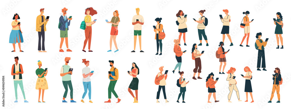 Set of people using mobile phones and holding them. Men and women digitally interacting with their phones.