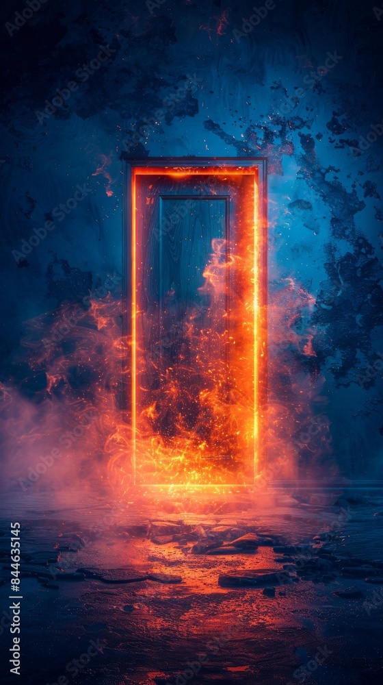 Vibrant doorway shining against dark blue with walnut, Aegean blue, honey, persimmon orange hues. Symbolizes future possibilities. Vibrant doorway shining against dark blue with walnut, Aegean blue, honey, persimmon orange hues. Symbolizes future possibilities.
