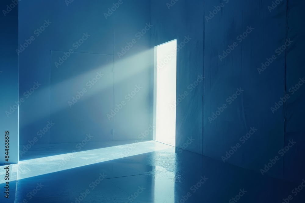Blue abstract background with slightly open door, light symbolizes new opportunities. Modern, minimalist greys. Blue abstract background with slightly open door, light symbolizes new opportunities. Modern, minimalist greys.