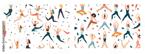 Yoga , seamless pattern design. Woman in different stretching poses and positions.