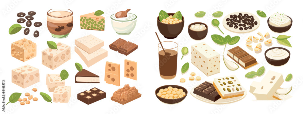 The soy product set includes tofu, beans, alternative milk, vegetarian meat, vegan cheeses, chocolate, soybeans The soy product set includes tofu, beans, alternative milk, vegetarian meat, vegan cheeses, chocolate, soybeans