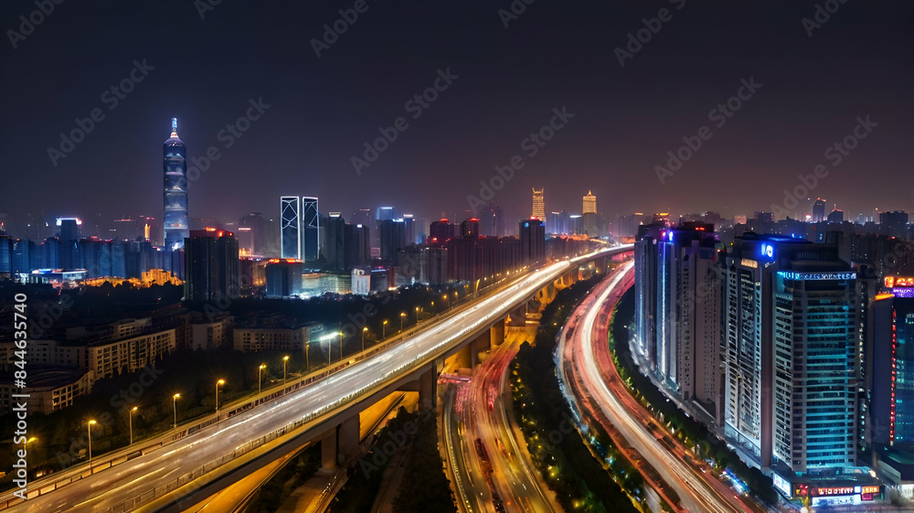 Fototapeta premium Night city view with buildings and streets.