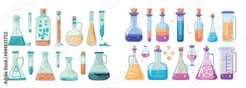An illustration of laboratory glassware containing chemistry lab samples in flasks, beakers for science research.