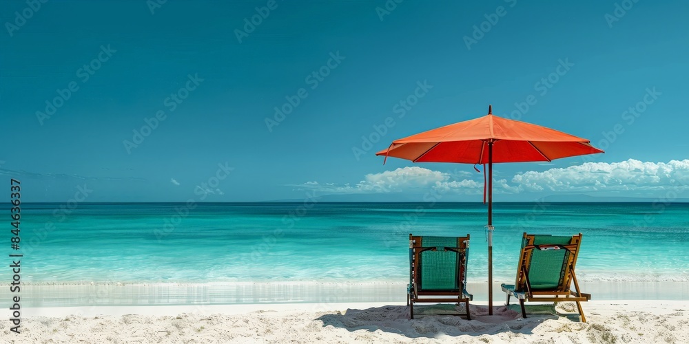 Beach chairs and a red umbrella on a pristine beach with turquoise water and clear blue sky, creating a perfect tropical getaway. Beach chairs and a red umbrella on a pristine beach with turquoise water and clear blue sky, creating a perfect tropical getaway.