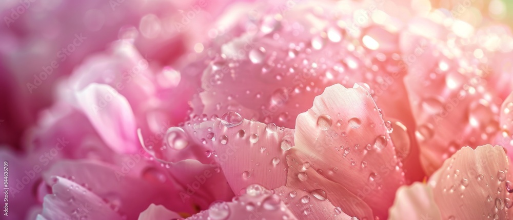 Beautiful transparent drops of water or dew with sun glare on petal of pink peony flower, macro. Gentle artistic image of purity and beauty of nature Beautiful transparent drops of water or dew with sun glare on petal of pink peony flower, macro. Gentle artistic image of purity and beauty of nature