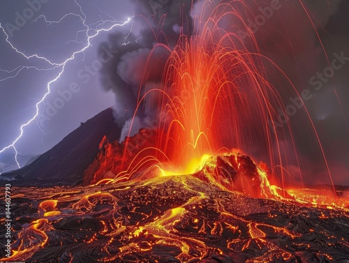 A fiery volcano erupts as lightning strikes the sky, creating a breathtaking display of power and beauty.