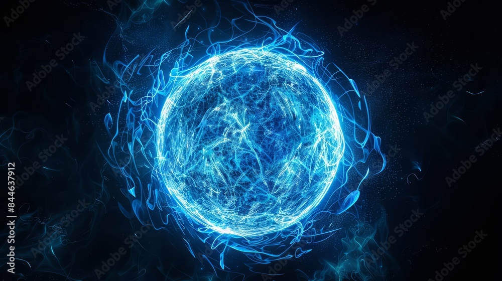 Electricity and glowing power sphere with electric energy and plasma. Futuristic flash and lightning effects in a round, neon ball. Perfect for science fiction and educational graphics.