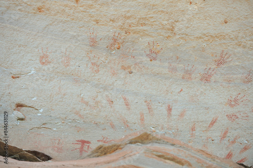 Obraz na płótnie Ubon Ratchathani, Thailand - May 30, 2024 : landscape tourist attractions Pha Taem National Park There are paintings on ancient cave walls, more than 3000 years old, high cliffs, large rocks. w salonie