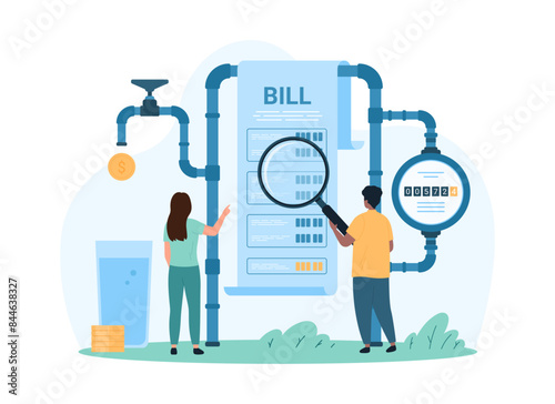 Payment of utility bill, economy. Tiny people monitor water consumption and check readings on dial of water meter, check paper receipt with magnifying glass to pay money cartoon vector illustration