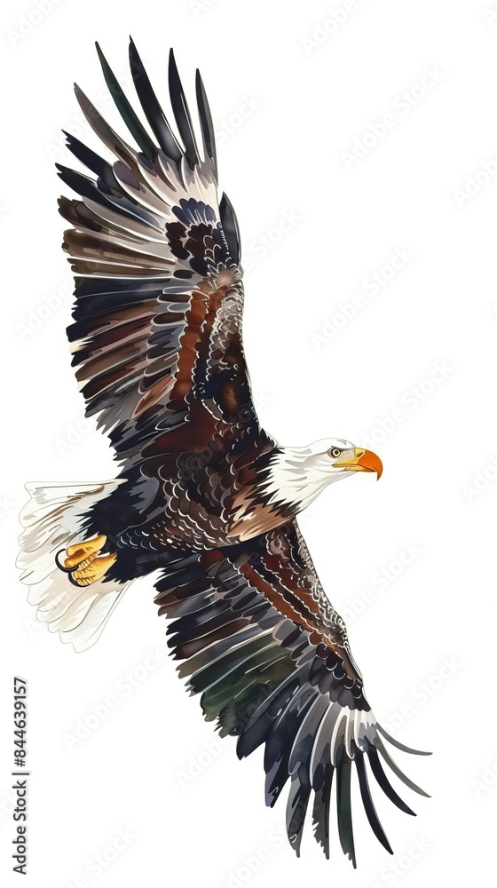 Fototapeta premium Bald eagle flying draw and paint on white background vector illustration