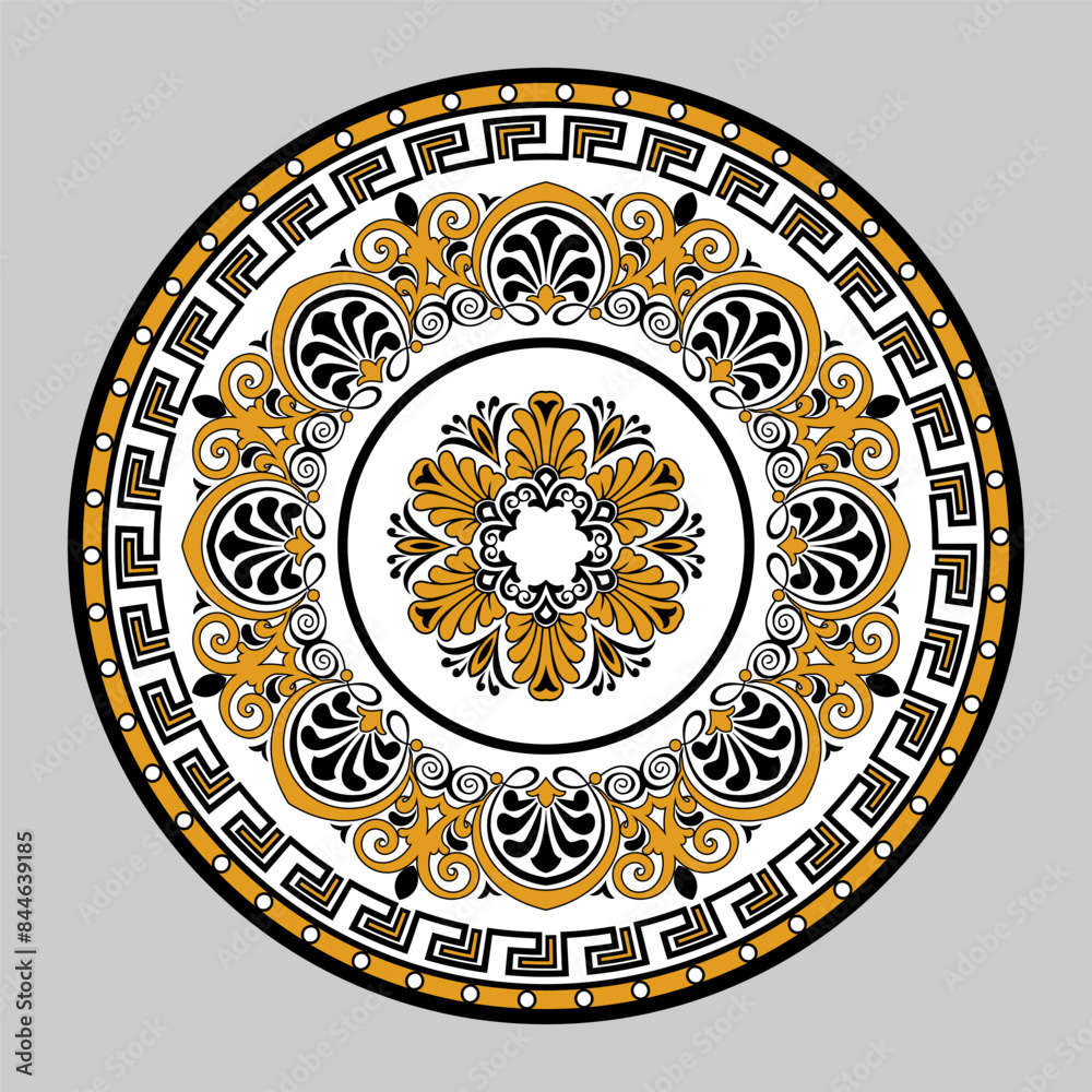 Beautiful rossette with traditional ancien Greek patterns for design plates and round carpets