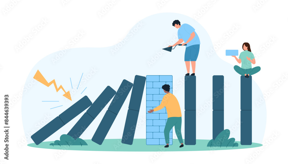 Fototapeta premium Business continuity, proactive crisis management of company resistant to interventions, disaster risks. Tiny people building brick wall to avoid crisis, domino falling cartoon vector illustration