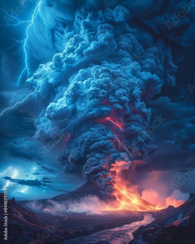 Volcanic eruption amidst lightning storm with colors of baby blue, salmon-orange, peach, and ruby red in the sky. photo