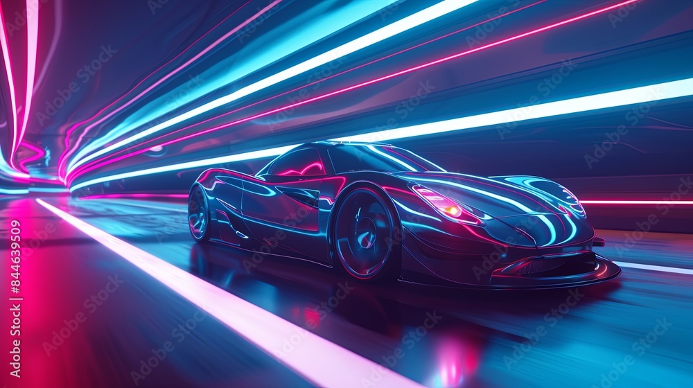 The concept of a futuristic sports car running in a tunnel with neon light strips. 3d illustration