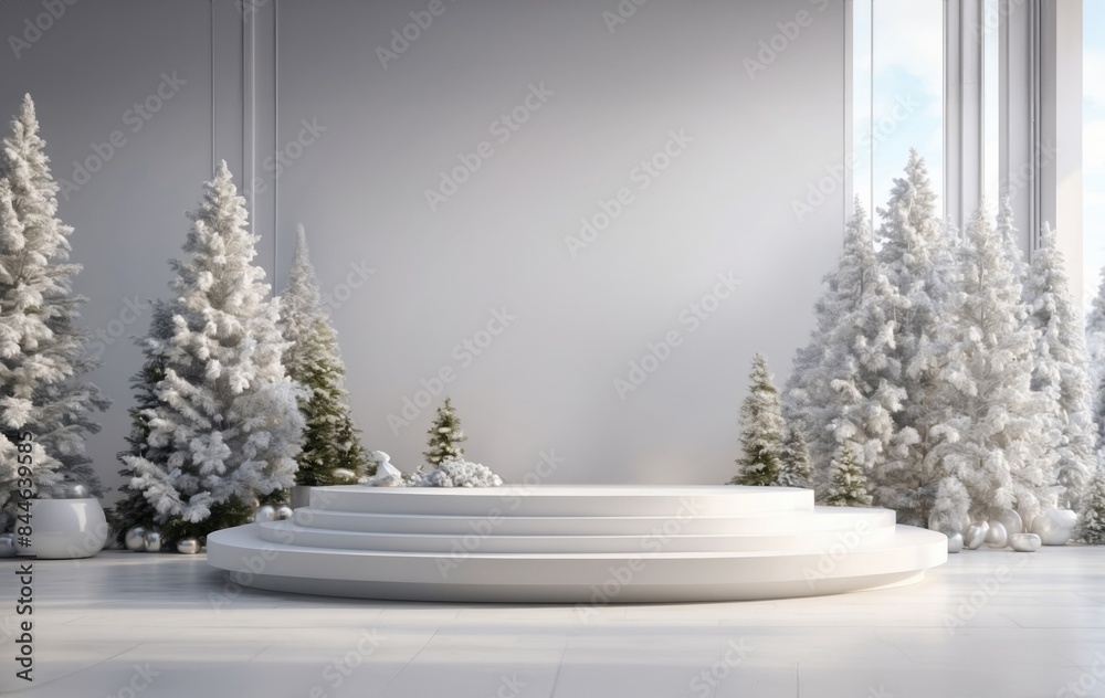 Fototapeta premium New Year's decoration with a podium, Christmas trees on a white background for promotional New Year's offers.