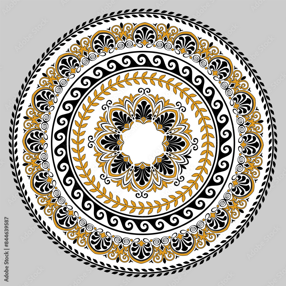 Beautiful rossette with traditional ancien Greek patterns for design plates and round carpets