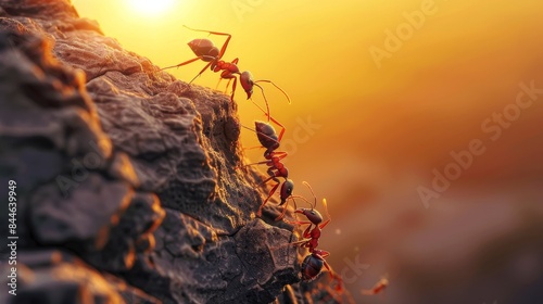 High-resolution image of ants assisting one another on a cliff, emphasizing their collective effort and unity, with a backlit setting that brings out their silhouettes and the rugged texture of the photo