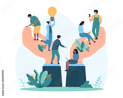 Support for employees wellbeing, personnel growth and benefits from corporate company manager. Giant businessmans hands hold tiny people with light bulb and laptop cartoon vector illustration