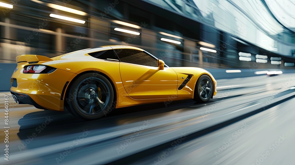 Yellow sports car riding on highway road. Car in fast motion. Fast moving supercar on the street. 3d illustration Yellow sports car riding on highway road. Car in fast motion. Fast moving supercar on the street. 3d illustration