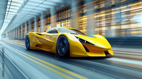 Yellow sports car riding on highway road. Car in fast motion. Fast moving supercar on the street. 3d illustration