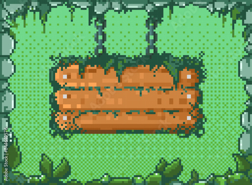 Pixel hanging signboard. Retro arcade game blank billboard, vintage 8 bit wooden metal iron frame plate for text. Vector isolated set