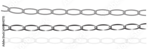 Monochrome set different type of metal chains in silhouette style. Seamless shape, for graphic design of logo, emblem, symbol, sign, badge, label, stamp, isolated on white background