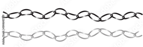 Monochrome set different type of metal chains in silhouette style. Seamless shape, for graphic design of logo, emblem, symbol, sign, badge, label, stamp, isolated on white background