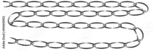 Monochrome set different type of metal chains in silhouette style. Seamless shape, for graphic design of logo, emblem, symbol, sign, badge, label, stamp, isolated on white background