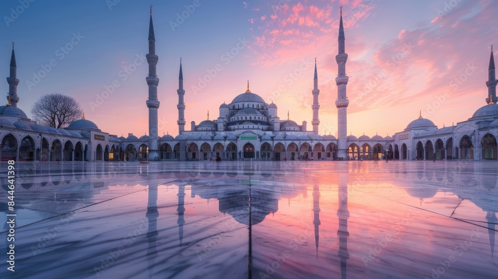 Obraz premium Elegant mosque at dawn with reflecting marble floors and towering minarets