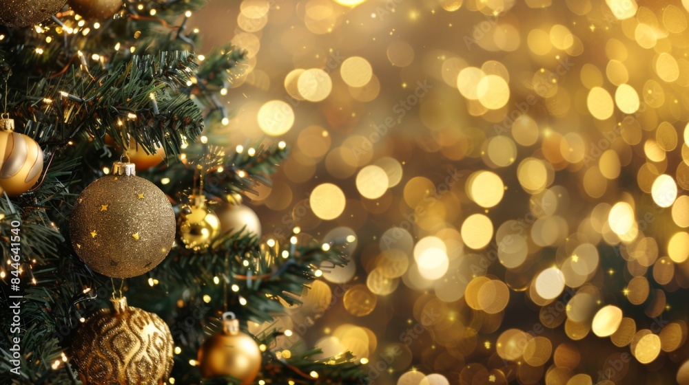 Christmas Tree With gold Baubles close-up against backdrop of golden sparkling Christmas lights Christmas Tree With gold Baubles close-up against backdrop of golden sparkling Christmas lights