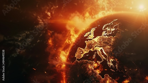 Earth globe under extreme heat from the sun, Europe engulfed in flames and destroyed by fire. Conceptual illustration of global warming, rising temperatures, and climate change disaster.