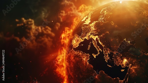 Earth globe under extreme heat from the sun, Europe engulfed in flames and destroyed by fire. Conceptual illustration of global warming, rising temperatures, and climate change disaster.