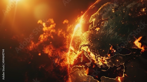 Earth globe under extreme heat from the sun, Europe engulfed in flames and destroyed by fire. Conceptual illustration of global warming, rising temperatures, and climate change disaster.