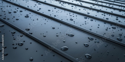 Gray seam metal roof with water drops, ideal for construction and roofing visuals. photo