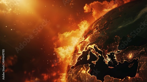 Earth globe under extreme heat from the sun, Europe engulfed in flames and destroyed by fire. Conceptual illustration of global warming, rising temperatures, and climate change disaster.