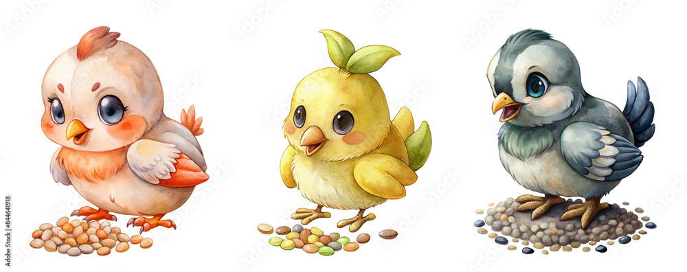 Fototapeta premium Collection of Adorable Watercolor Chicks Pecking at Seeds in Various Pastel Colors