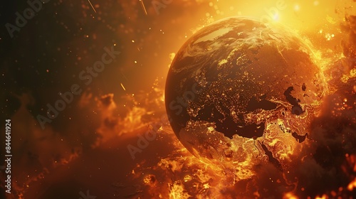 Earth globe under extreme heat from the sun, Europe engulfed in flames and destroyed by fire. Conceptual illustration of global warming, rising temperatures, and climate change disaster.