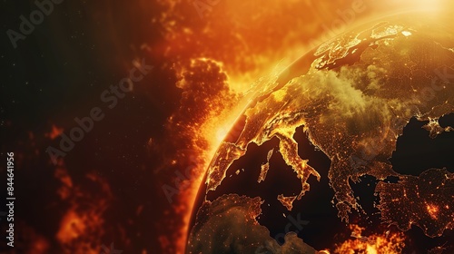Earth globe under extreme heat from the sun, Europe engulfed in flames and destroyed by fire. Conceptual illustration of global warming, rising temperatures, and climate change disaster.