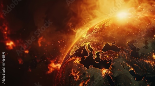 Earth globe under extreme heat from the sun, Europe engulfed in flames and destroyed by fire. Conceptual illustration of global warming, rising temperatures, and climate change disaster.